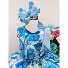 Vestido Infantil Azul Florido Pérolas e Strass Luxo