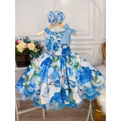 Vestido Infantil Azul Florido Pérolas e Strass Luxo