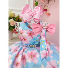 Vestido Infantil Azul Florido Rosa e Cinto de Pérolas Strass
