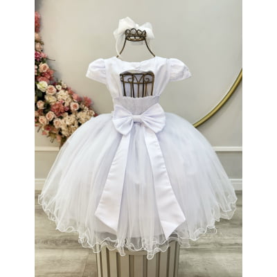 Vestido Infantil Branco Busto C/ Renda e Borboletas Daminhas