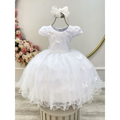 Vestido Infantil Branco Busto C/ Renda e Borboletas Daminhas Vestido Infantil Branco Busto C/ Renda e Borboletas Daminhas