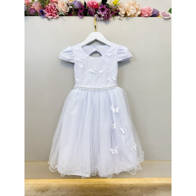 Vestido Infantil Branco Busto C/ Renda e Borboletas Daminhas