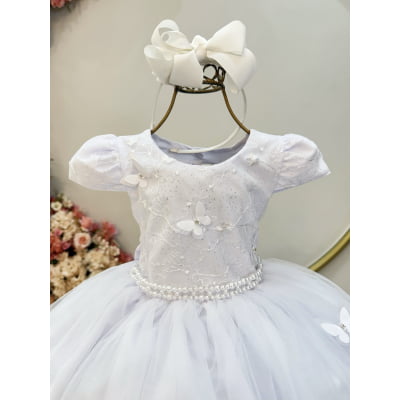 Vestido Infantil Branco Busto C/ Renda e Borboletas Daminhas