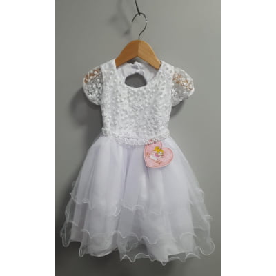Vestido Infantil Branco Busto C/ Renda e Pérolas Daminhas Festas