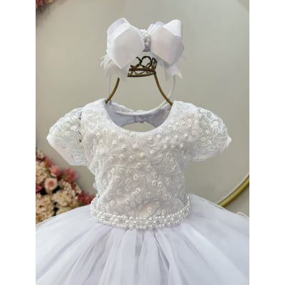 Vestido Infantil Branco Busto C/ Renda e Pérolas Daminhas Festas