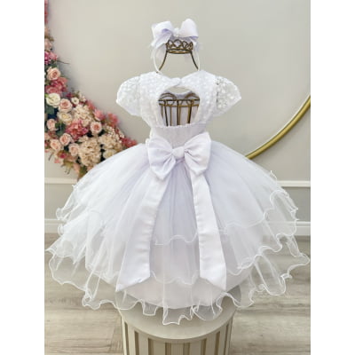 Vestido Infantil Branco Busto C/ Renda e Pérolas Daminhas Festas