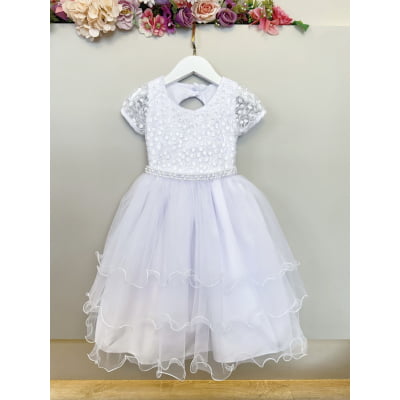 Vestido Infantil Branco Busto C/ Renda e Pérolas Daminhas Festas