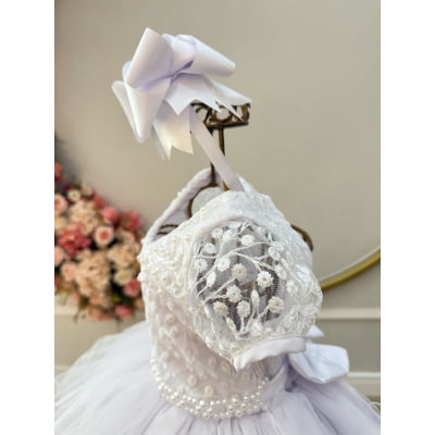 Vestido Infantil Branco Busto C/ Renda e Pérolas Daminhas Festas