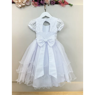 Vestido Infantil Branco Busto C/ Renda e Pérolas Daminhas Festas