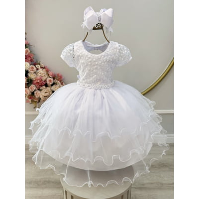 Vestido Infantil Branco Busto C/ Renda e Pérolas Daminhas Festas