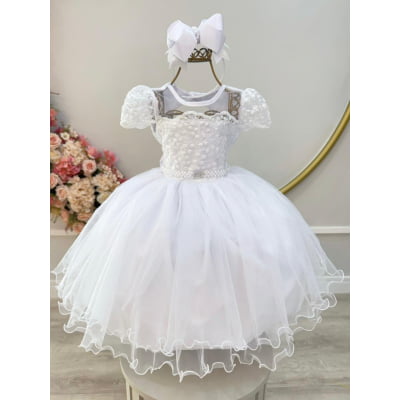 Vestido Infantil Branco Busto Renda e Bordado Damas Luxo