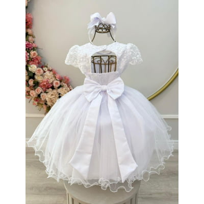 Vestido Infantil Branco Busto Renda e Bordado Damas Luxo