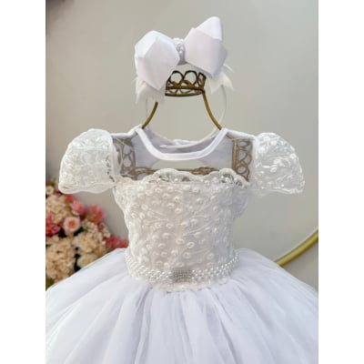 Vestido Infantil Branco Busto Renda e Bordado Damas Luxo