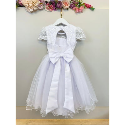 Vestido Infantil Branco Busto Renda e Bordado Damas Luxo