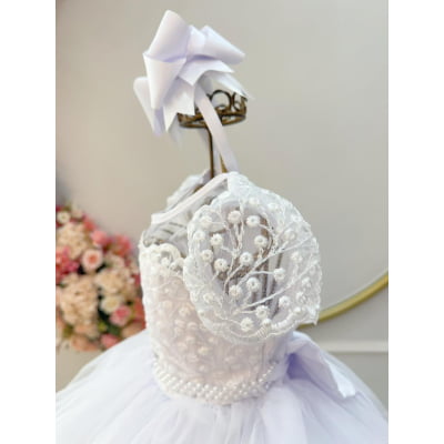 Vestido Infantil Branco Busto Renda e Bordado Damas Luxo