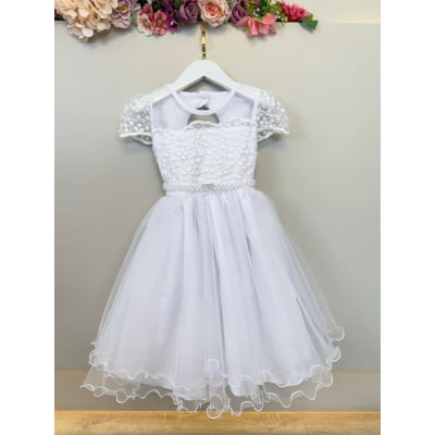 Vestido Infantil Branco Busto Renda e Bordado Damas Luxo