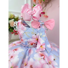 Vestido Infantil Lilás Florido Rosa e Cinto de Pérolas Strass