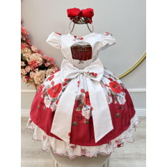 Vestido Infantil Off Floral Vermelho Cinto de Pérolas Luxo