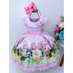 Vestido Infantil Rosa Bosque Jardim Encantado C/ Pérolas