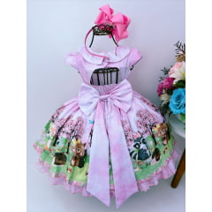 Vestido Infantil Rosa Bosque Jardim Encantado C/ Pérolas