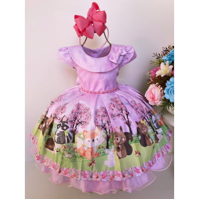 Vestido Infantil Rosa Bosque Jardim Encantado Cinto Pérolas