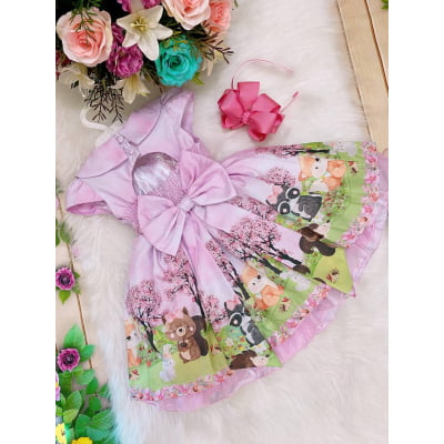 Vestido Infantil Rosa Bosque Jardim Encantado Cinto Pérolas