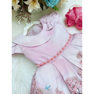 Vestido Infantil Rosa Bosque Jardim Encantado Cinto Pérolas