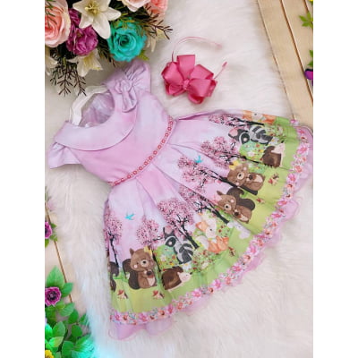 Vestido Infantil Rosa Bosque Jardim Encantado Cinto Pérolas