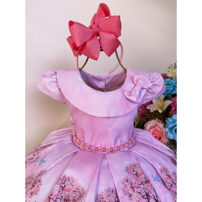 Vestido Infantil Rosa Bosque Jardim Encantado Cinto Pérolas