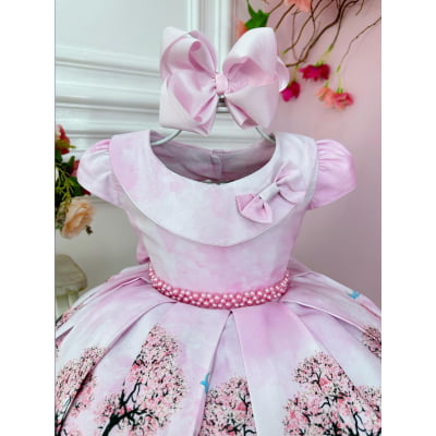 Vestido Infantil Rosa Bosque Jardim Encantado Cinto Pérolas