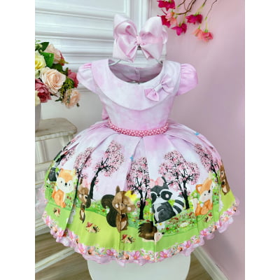 Vestido Infantil Rosa Bosque Jardim Encantado Cinto Pérolas