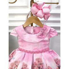 Vestido Infantil Rosa Bosque Jardim Encantado e Cinto Pérolas