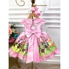 Vestido Infantil Rosa Bosque Jardim Encantado e Cinto Pérolas