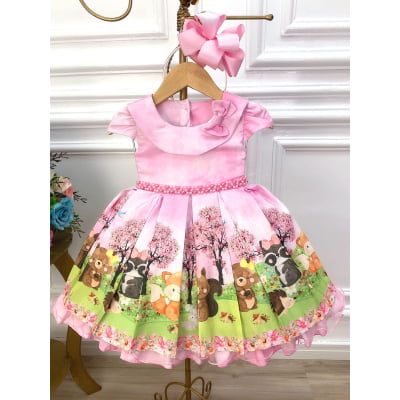 Vestido Infantil Rosa Bosque Jardim Encantado e Cinto Pérolas