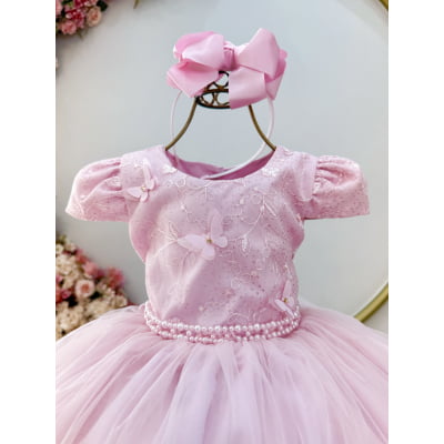 Vestido Infantil Rosa Busto C/ Renda e Borboletas Daminhas