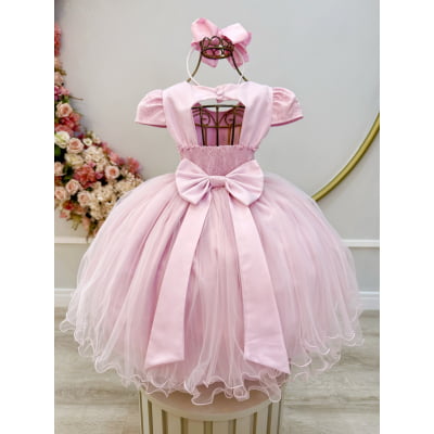 Vestido Infantil Rosa Busto C/ Renda e Borboletas Daminhas