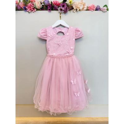 Vestido Infantil Rosa Busto C/ Renda e Borboletas Daminhas