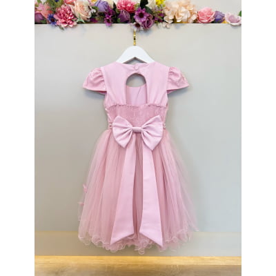 Vestido Infantil Rosa Busto C/ Renda e Borboletas Daminhas