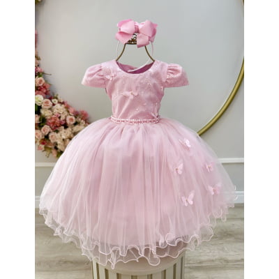 Vestido Infantil Rosa Busto C/ Renda e Borboletas Daminhas Vestido Infantil Rosa Busto C/ Renda e Borboletas Daminhas