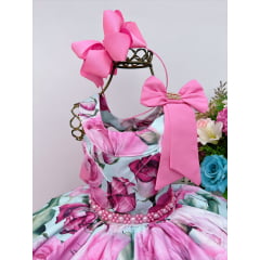 Vestido Infantil Rosa Chiclete Floral Luxo Pérolas e Strass