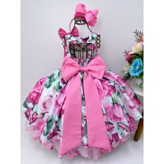 Vestido Infantil Rosa Chiclete Floral Luxo Pérolas e Strass