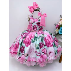 Vestido Infantil Rosa Chiclete Floral Luxo Pérolas e Strass