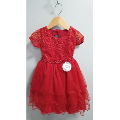 Vestido Infantil Vermelho Busto C/ Renda e Pérolas Daminhas Festas