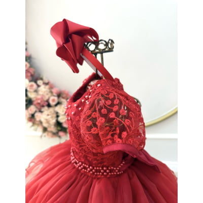 Vestido Infantil Vermelho Busto C/ Renda e Pérolas Daminhas Festas