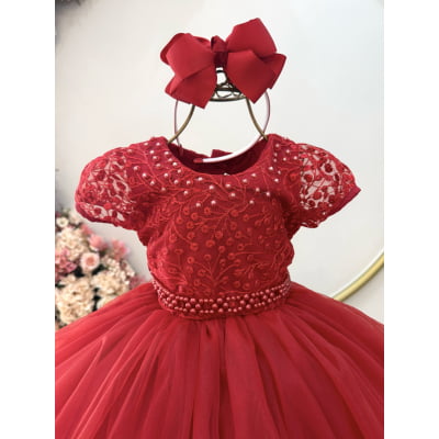 Vestido Infantil Vermelho Busto C/ Renda e Pérolas Daminhas Festas