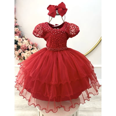 Vestido Infantil Vermelho Busto C/ Renda e Pérolas Daminhas Festas