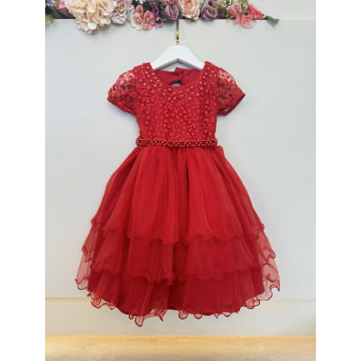 Vestido Infantil Vermelho Busto C/ Renda e Pérolas Daminhas Festas