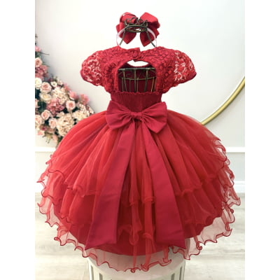 Vestido Infantil Vermelho Busto C/ Renda e Pérolas Daminhas Festas