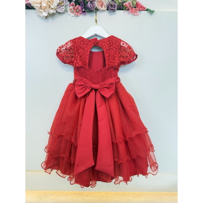 Vestido Infantil Vermelho Busto C/ Renda e Pérolas Daminhas Festas