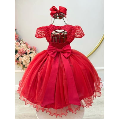 Vestido Infantil Vermelho Busto Renda e Bordado Damas Luxo